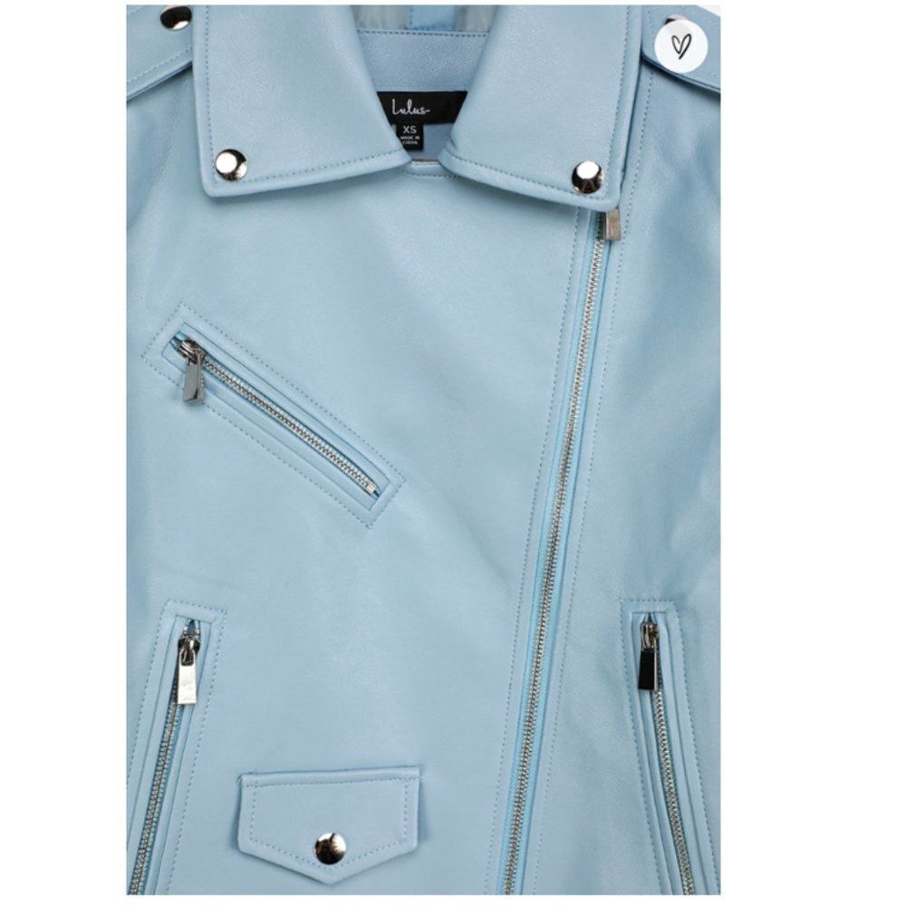LULU'S cropped biker jacket Out for the Night Blue Vegan Leather Moto Jacket NWT - Picture 5 of 8